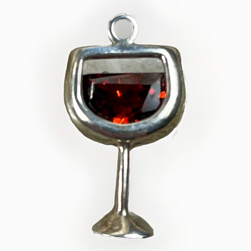 Vintage Pendant Sterling Silver 925 Red Glass Stone Wine Glass Signed